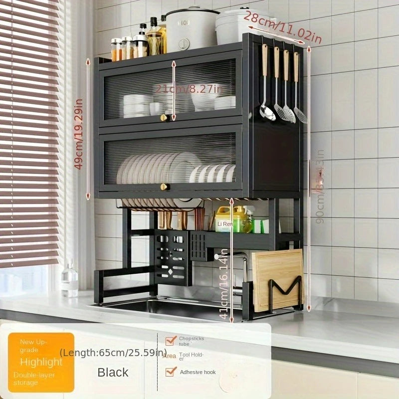 Dish Rack with Utensil Holder for Sink - Dustproof Carbon Steel Organizer for Plates/Bowls/Cutting Boards |   Space Kitchen