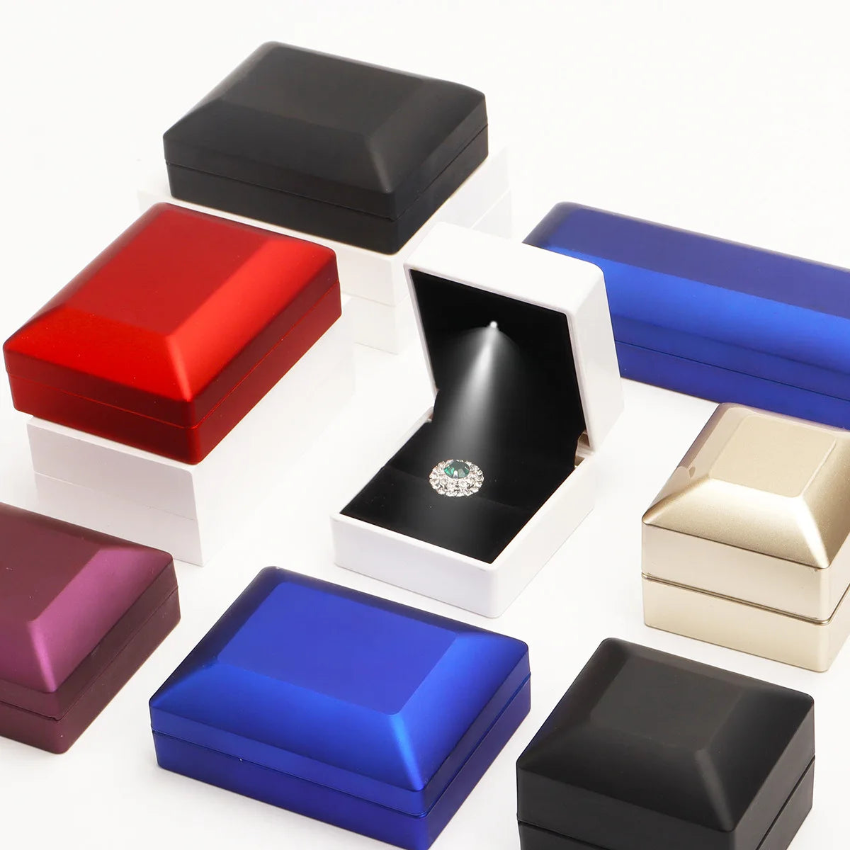 LED Illuminated Ring Box - Premium Spray-Finish Jewelry Display Case for Luxury Rings