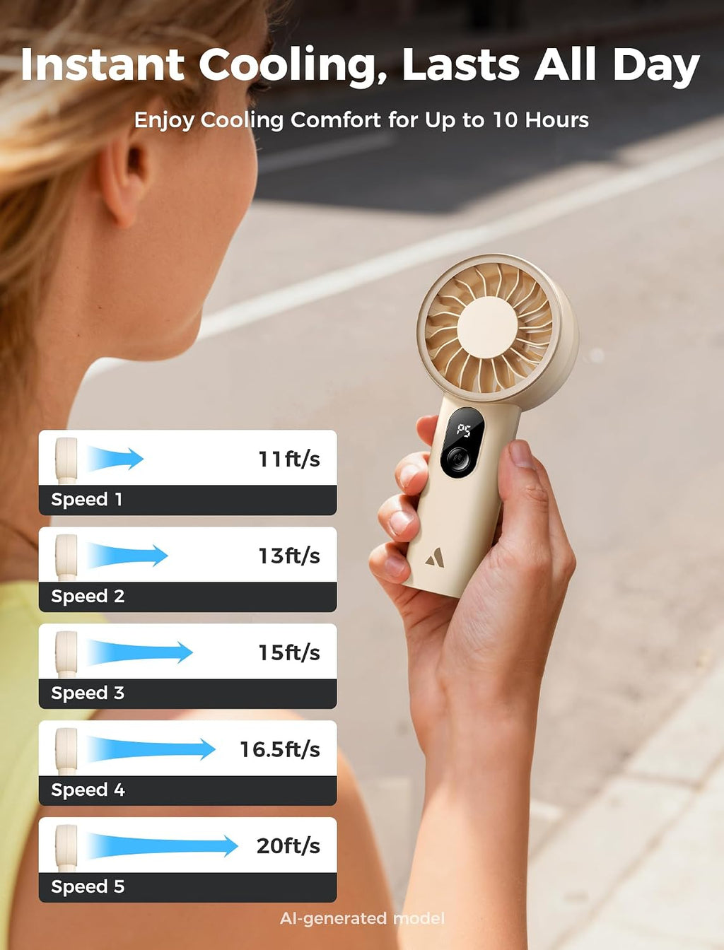 Mighty Portable Fan, Powerful Handheld Fan, USB Rechargeable [10H Max Cooling Time], Mini Personal Battery Powered, Pocket for Travel, Summer, Gifts for Women, Girls -Beige