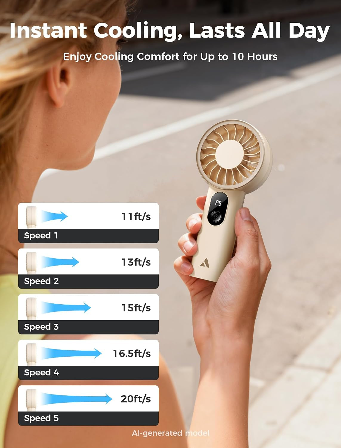 Mighty Portable Fan, Powerful Handheld Fan, USB Rechargeable [10H Max Cooling Time], Mini Personal Battery Powered, Pocket for Travel, Summer, Gifts for Women, Girls -Beige