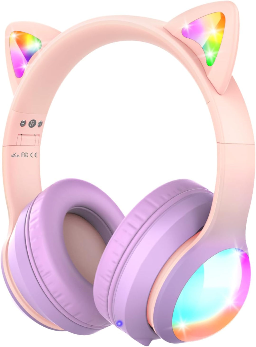 Kids Headphones with LED Cat Ears (85Db Safe Volume Limit), 3.5Mm Soft On-Ear Wired Headphones with Tangle-Free Laced Cables for Ipad/Tablet/School/Travel - Hot Pink/Purple
