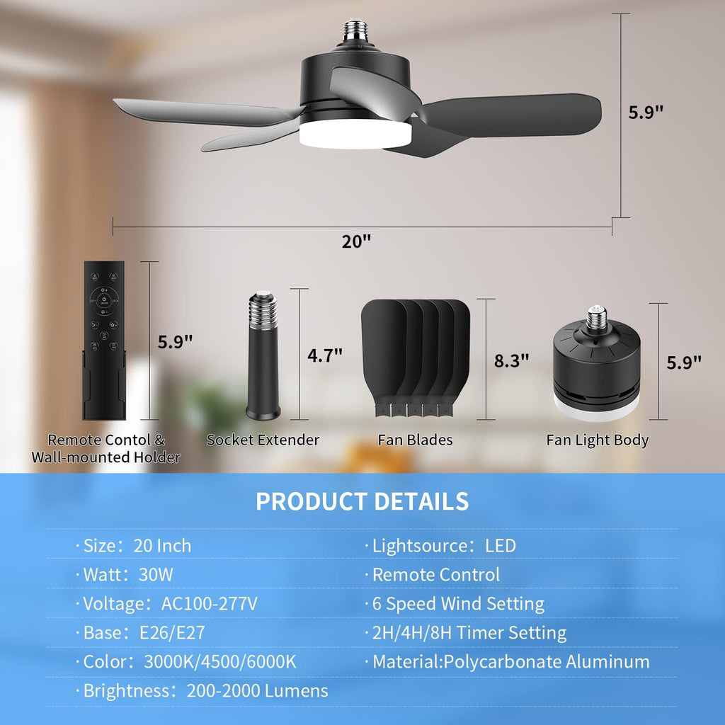 20" Socket Fan Light with Remote, 30W 2000 Lumens, 3 Colors 3000-6000K Small Ceiling Fans with Lights 6 Speed Wind Light Bulb Fan for Bedroom, Living Room, Kitchen, Laundry Room