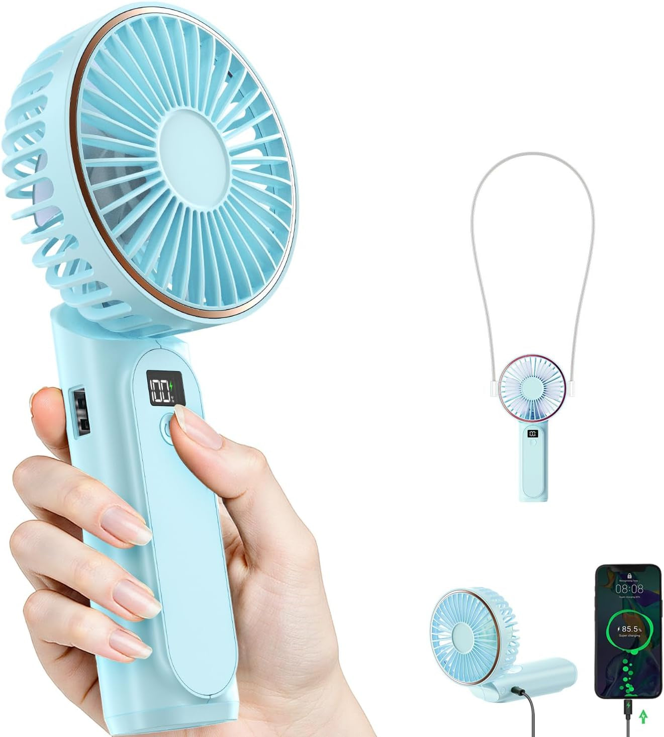 Portable Handheld Fan, Portable Fan Rechargeable, 4000Mah, 180° Adjustable, 6 Speed Wind, Display Electricity in Real Time, USB Rechargeable Foldable F An, Quiet Personal Fan with Power Bank