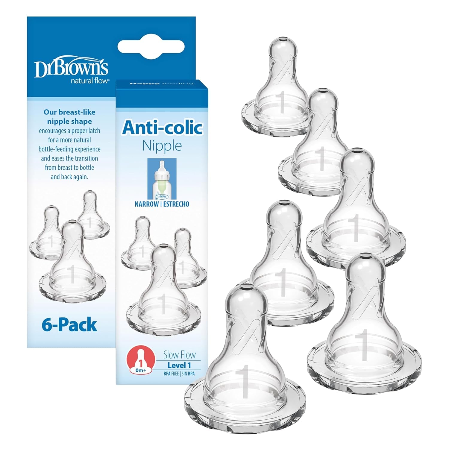 Dr. Brown’S Natural Flow Level 2 Narrow Baby Bottle Silicone Nipple, Medium Flow, 3M+, 100% Silicone Bottle Nipple, 6 Count