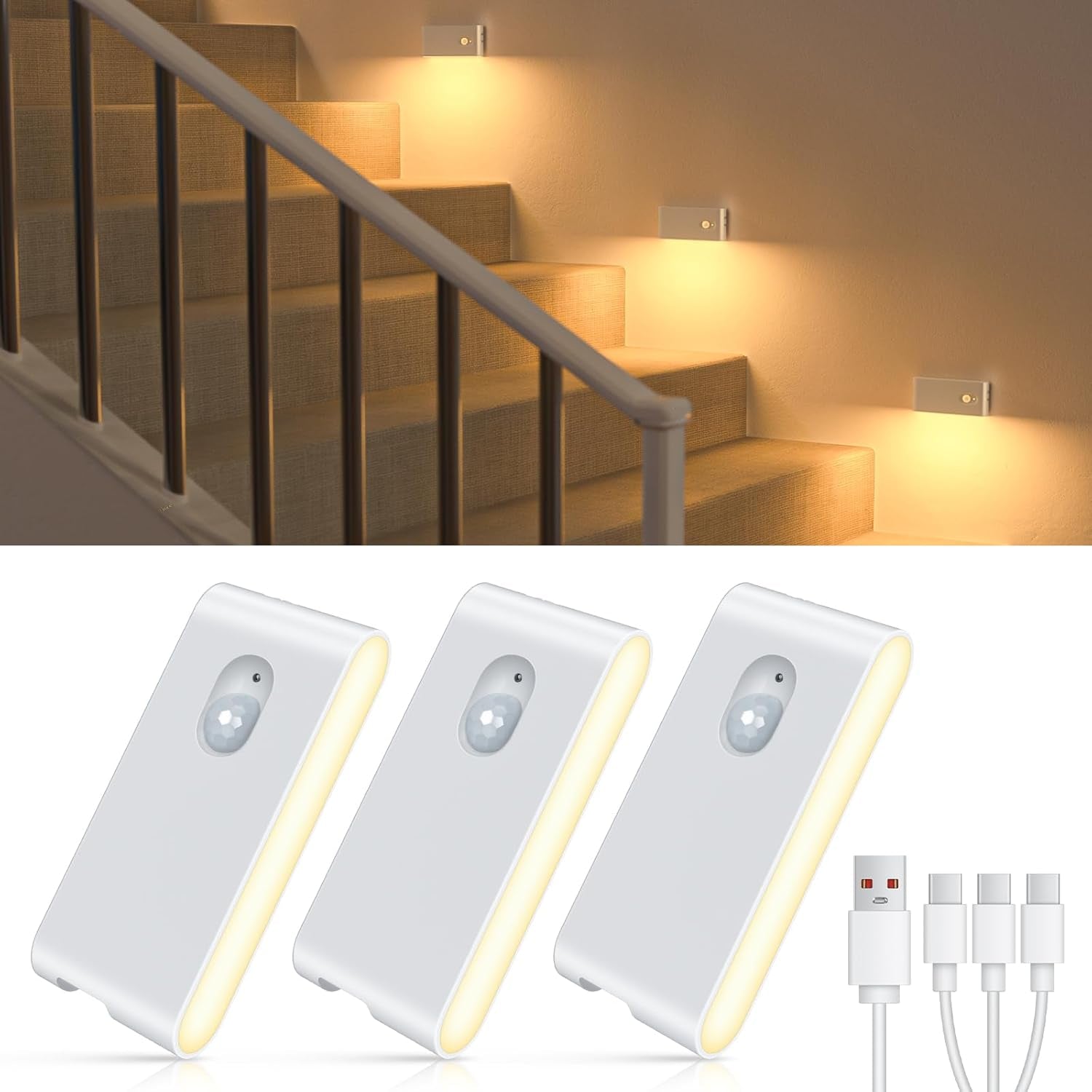 Motion Sensor Night Light, Rechargeable Stair Lights Indoor, Warm White Motion Sensor Light Indoor, Battery Operated Night Light for Hallway, Stairway, Bathroom, Bedroom, Kitchen, 6 Pack