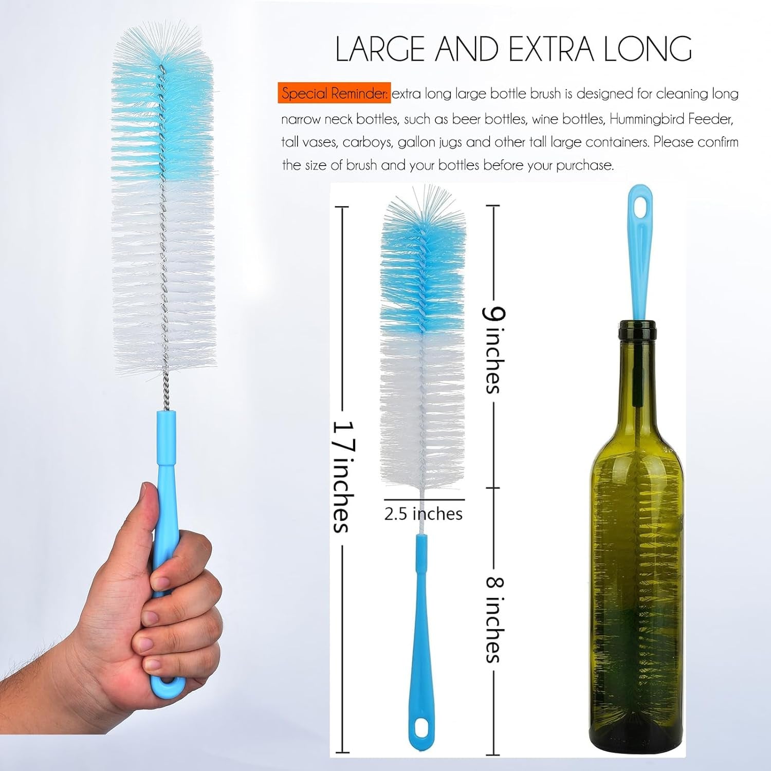 17 Inch Extra Long Bottle Cleaning Brush Cleaner for Washing Narrow Neck Beer/Wine/Thermos, Brewing Bottles, Hummingbird Feeder