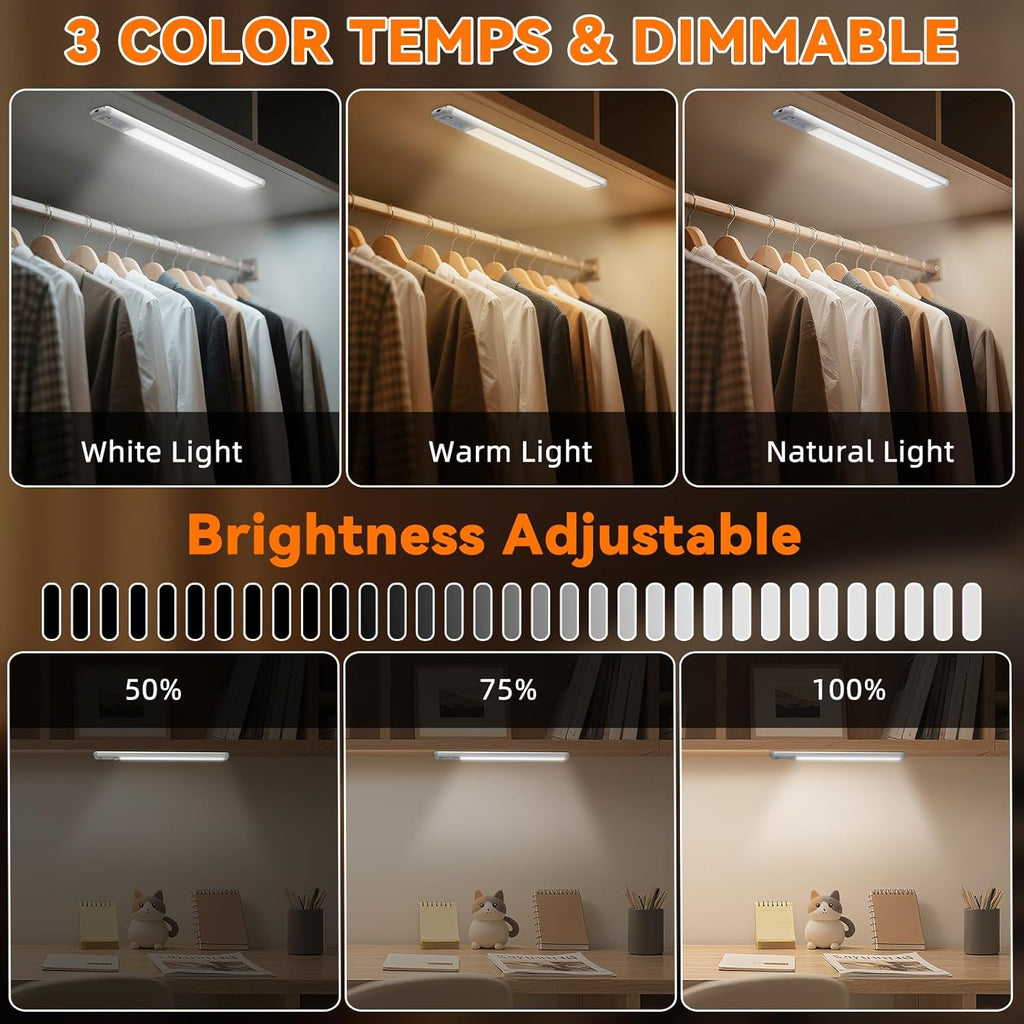 Under Cabinet Lighting Wireless, Rechargeable 10Inch Motion Sensor Light Indoor, 3 Color Closet Light Battery Operated with LED Power Display, Magnetic under Counter Lights for Kitchen, Home (3Pack)