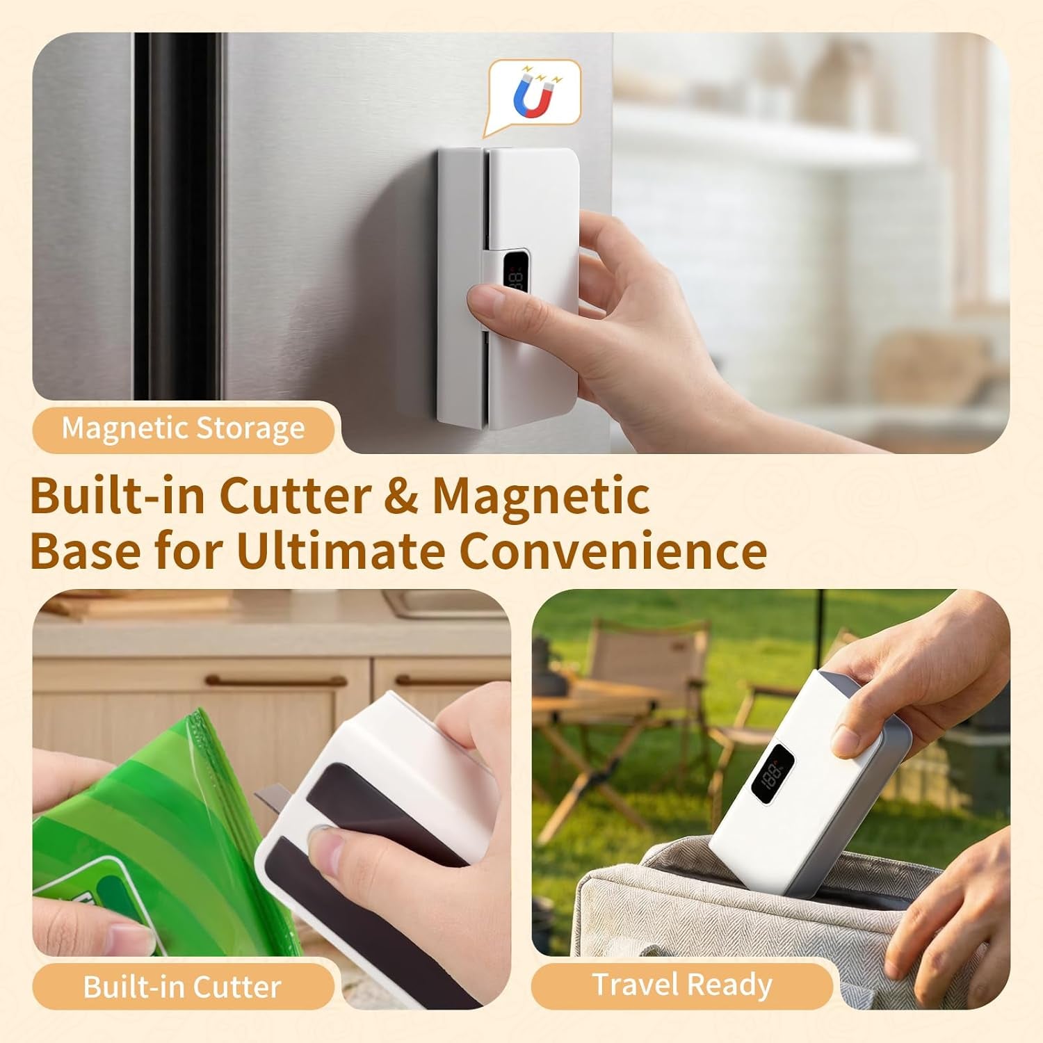 Rechargeable Mini Bag Sealer,6 Adjustable Levels Portable Heat Sealer with Cutter & Magnetic for Food Storage,Sealing Machine for Chip Plastic & Mylar Bags,Kitchen Gadgets for Food Resealer& Freshness