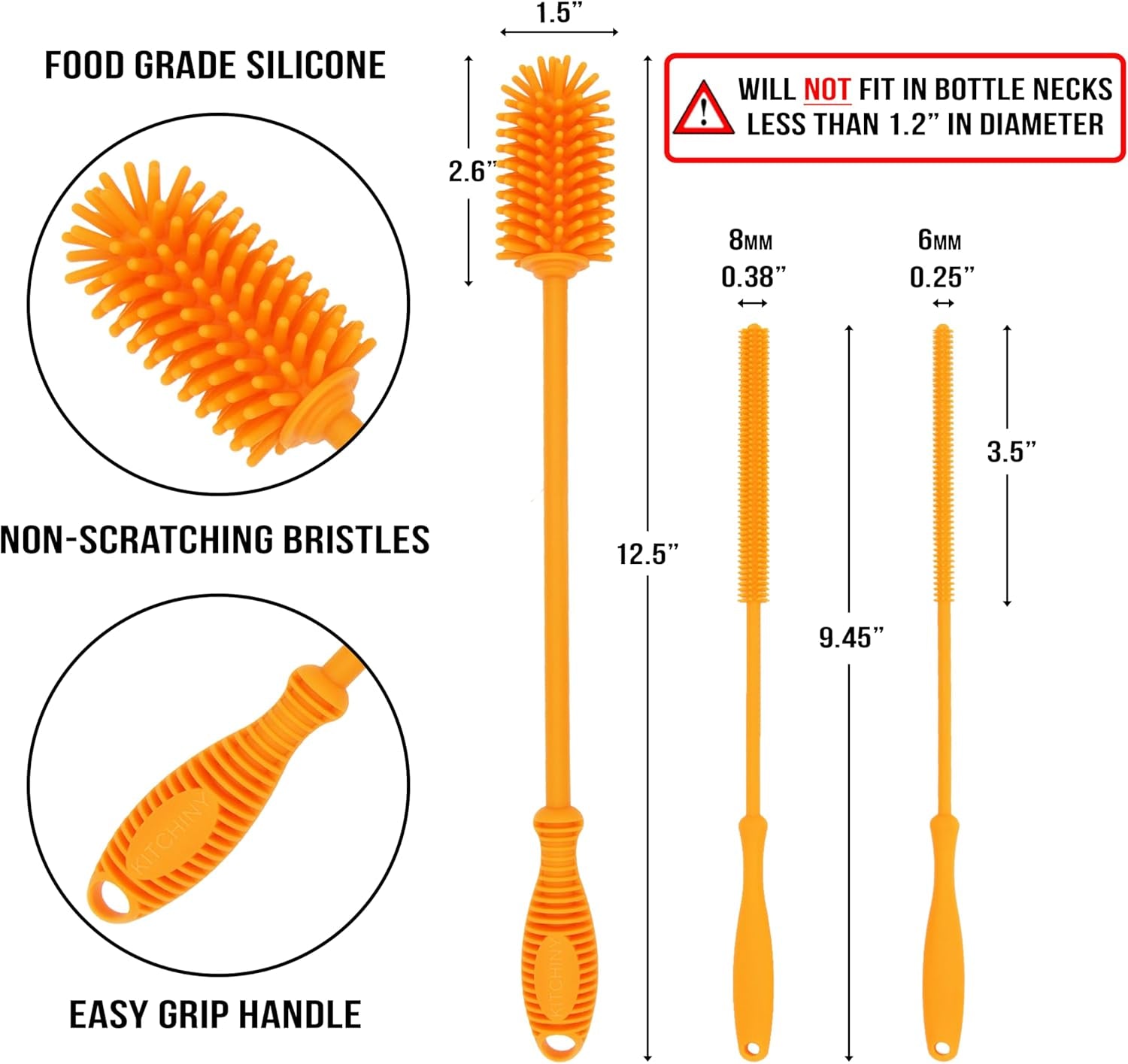 Silicone Bottle Brush with 2 Straw Cleaners - 12.5” Water Bottle Cleaner Brush for Yeti, Hydro Flask, Owala, Stanley, Baby Bottles, Glassware, Vases & Narrow Neck Containers - Orange