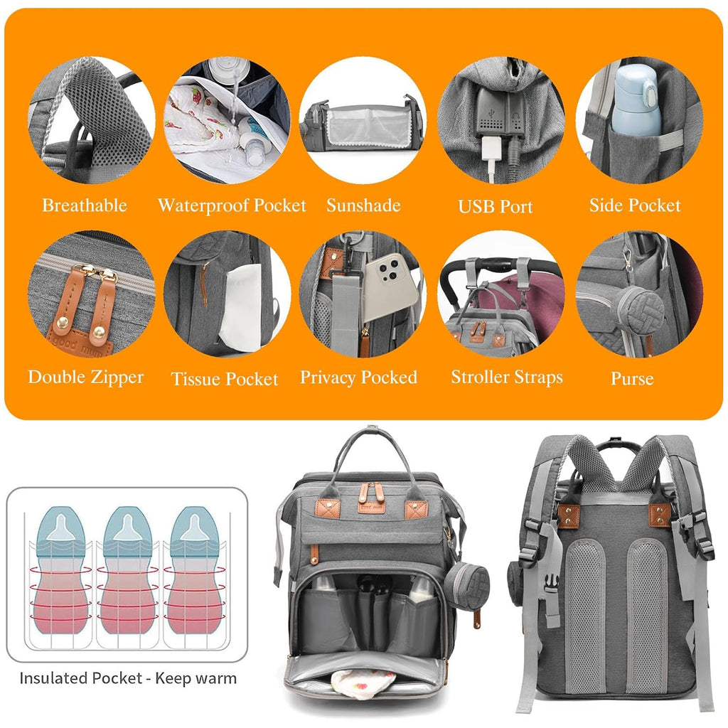 Baby Diaper Bag with Changing Station, Waterproof Diaper Bag Backpack for Moms Dads with USB Charging Port, Baby Shower Gifts, Large Capacity Diaper Backpack, Grey