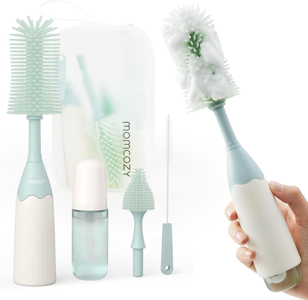 Bottle Brush Set - Baby Bottle Cleaner Kit with Silicone Brush, Nipple Brush, Straw Brush, Soap Dispenser, Drying Rack - 7 in 1 Bottle Cleaning Tool for Home and Travel, Green