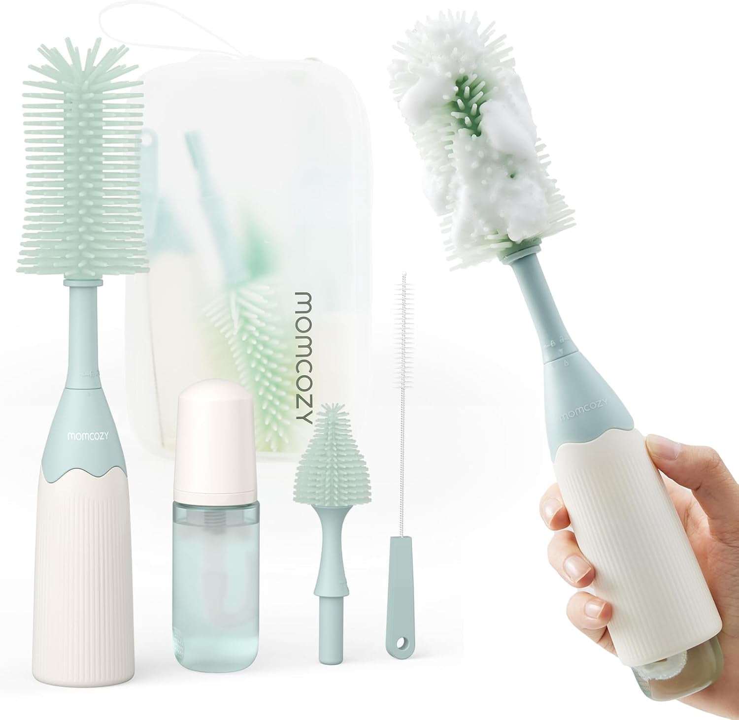 Bottle Brush Set - Baby Bottle Cleaner Kit with Silicone Brush, Nipple Brush, Straw Brush, Soap Dispenser, Drying Rack - 7 in 1 Bottle Cleaning Tool for Home and Travel, Green