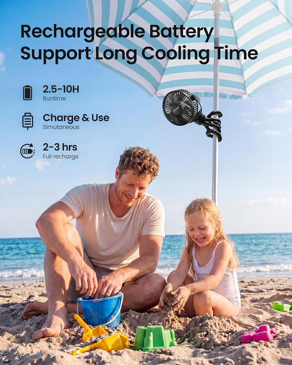 Mini Portable Stroller Fan, Battery Operated Small Clip On, Detachable 3 Speed Rechargeable, 360° Rotate Flexible Tripod Better Cooling for Car Seat Crib Treadmill Travel Black