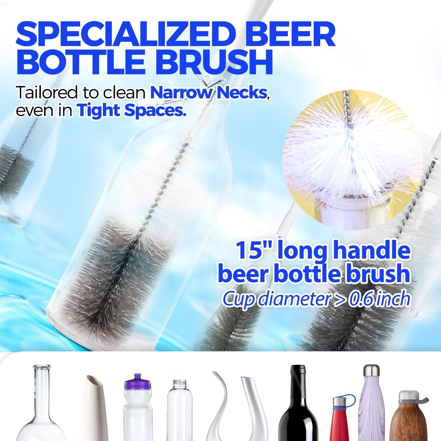 10 Pack Bottle Brush Cleaner Set, 15" Long Handle Bottle Cleaner Brush, Flexible Long Handle Water Bottle Brush for Narrow Neck Beer Wine, 8 Straws, Abrasive Spiral Brushes, White Grey