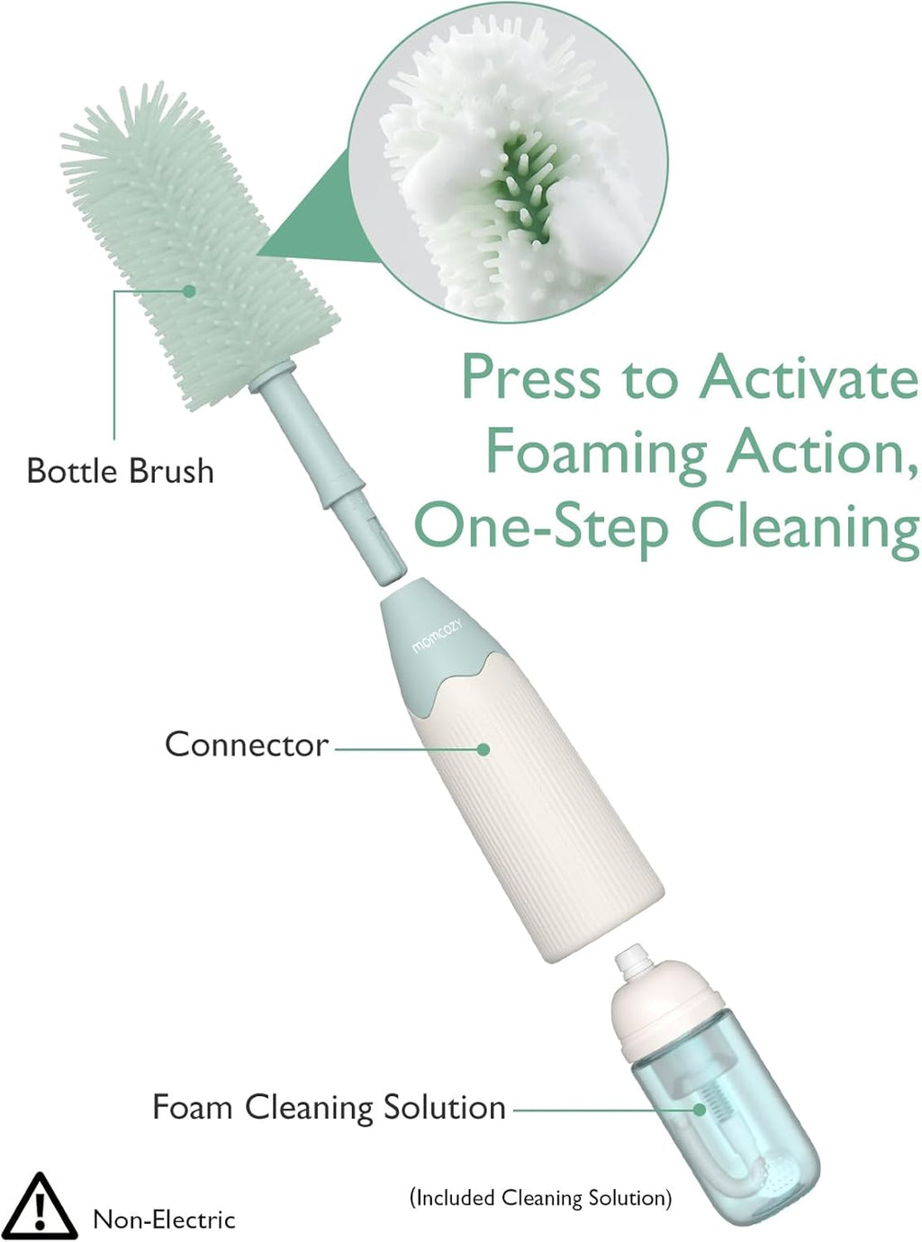 Bottle Brush Kit with Push-Press Foam Design - Newborn Essentials Gift, Portable Cleaning Tool for Home & Travel, Baby Bottle Cleaner Brush for Breast Pumps & Nipples, Green