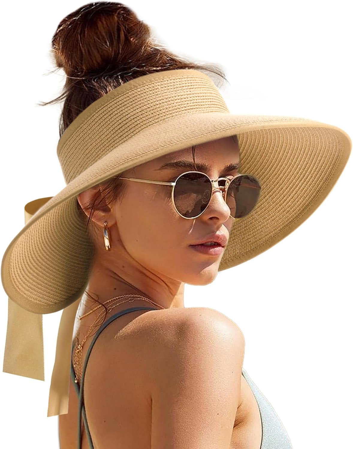 Sun Visors for Women Wide Brim Beach Hat Foldable Straw Visor Hat Ponytail Summer Packable UPF 50+