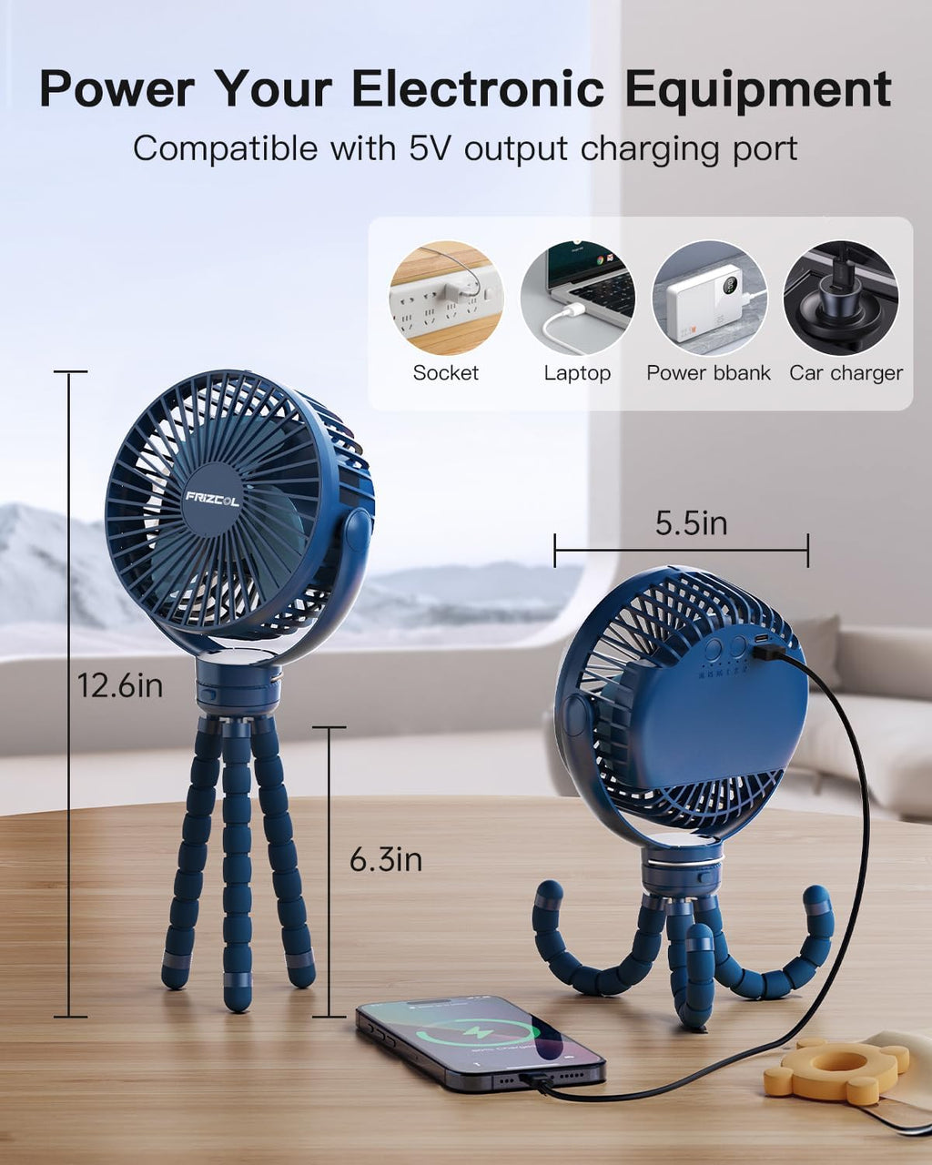 12000Mah Portable Stroller Fan, Use as Power Bank, 65H Battery Operated Fan Flexible Tripod Clip on Fans, Detachable Personal Handheld Baby Fans for Stroller, Car Seat, Desk, Treadmill (Blue)
