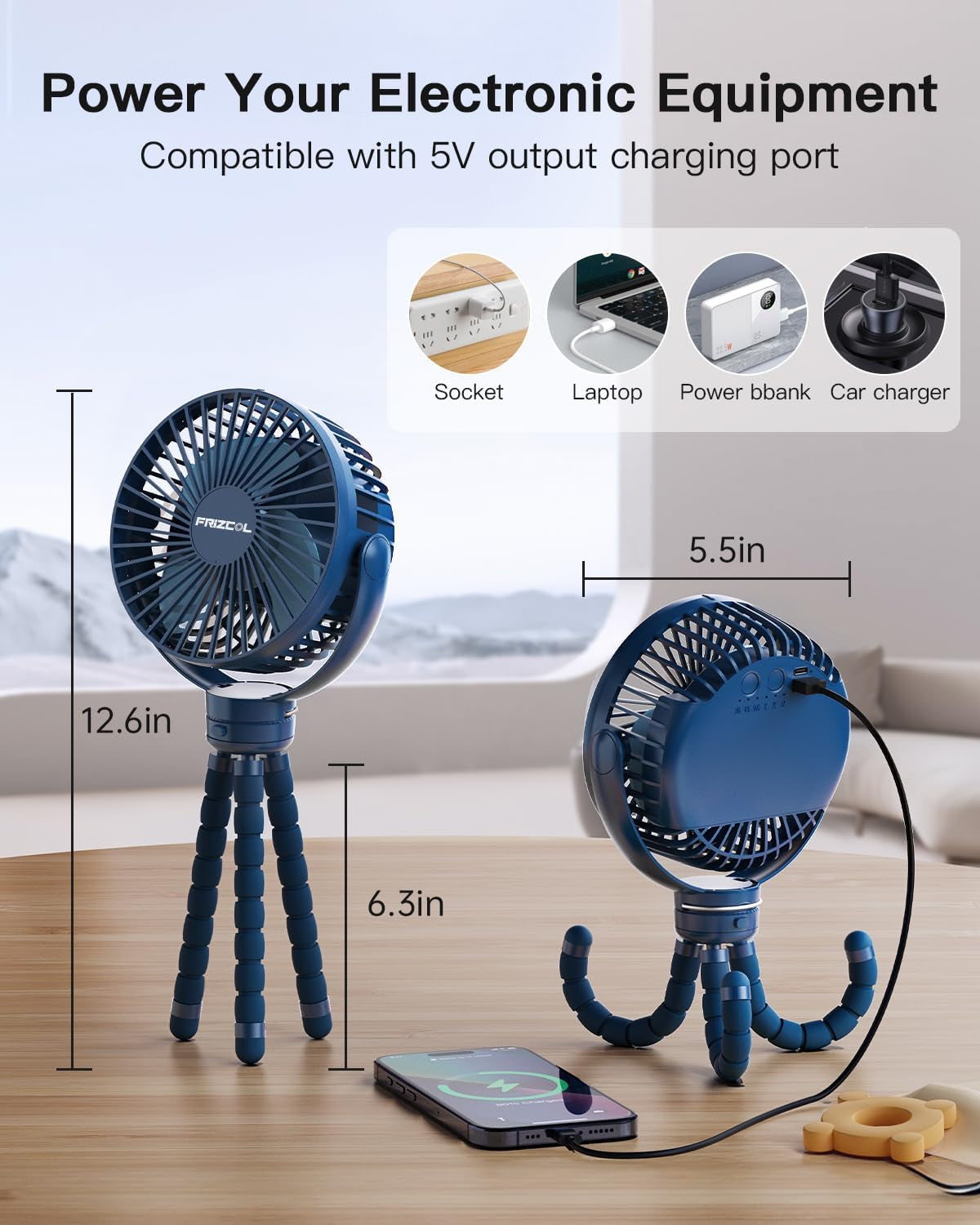 12000Mah Portable Stroller Fan, Use as Power Bank, 65H Battery Operated Fan Flexible Tripod Clip on Fans, Detachable Personal Handheld Baby Fans for Stroller, Car Seat, Desk, Treadmill (Blue)