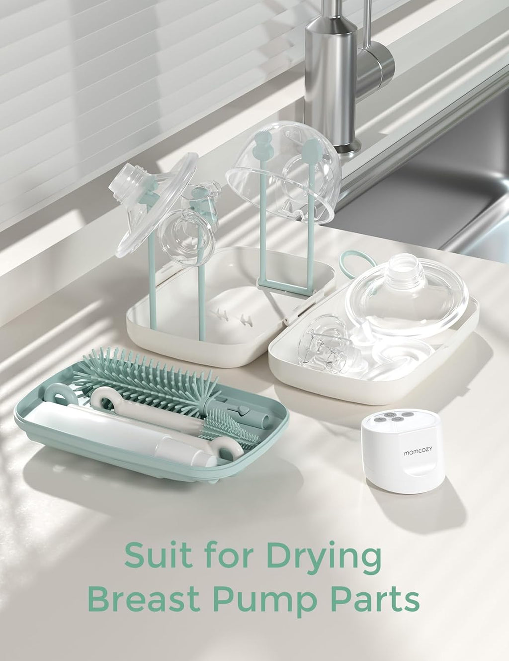 Bottle Brush Set - Baby Bottle Cleaner Kit with Silicone Brush, Nipple Brush, Straw Brush, Soap Dispenser, Drying Rack - 7 in 1 Bottle Cleaning Tool for Home and Travel, Green