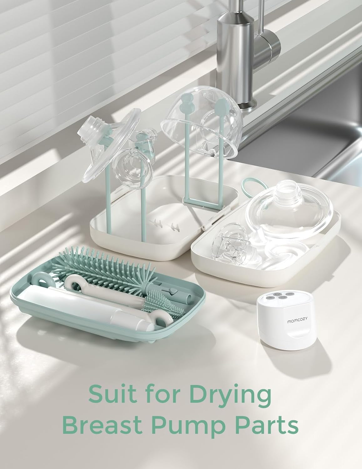 Bottle Brush Set - Baby Bottle Cleaner Kit with Silicone Brush, Nipple Brush, Straw Brush, Soap Dispenser, Drying Rack - 7 in 1 Bottle Cleaning Tool for Home and Travel, Green