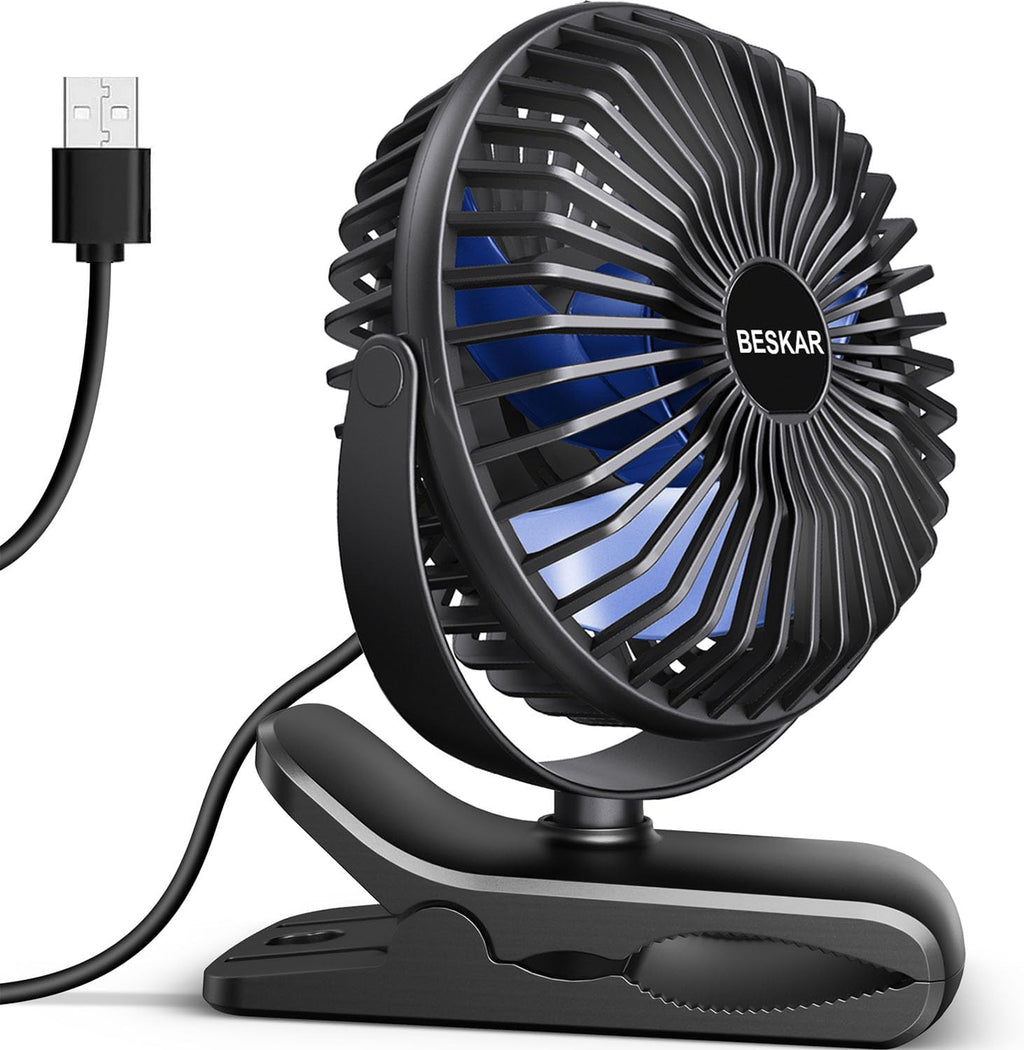 USB Clip on Fan, Portable Small Fan with Cord Powered, 3 Speeds Strong Airflow, with Sturdy Clamp, Quiet Personal Desk Fan