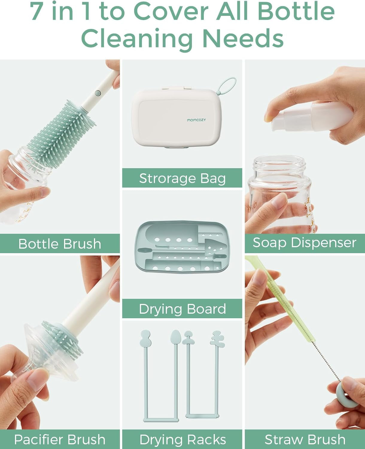 Bottle Brush Set - Baby Bottle Cleaner Kit with Silicone Brush, Nipple Brush, Straw Brush, Soap Dispenser, Drying Rack - 7 in 1 Bottle Cleaning Tool for Home and Travel, Green