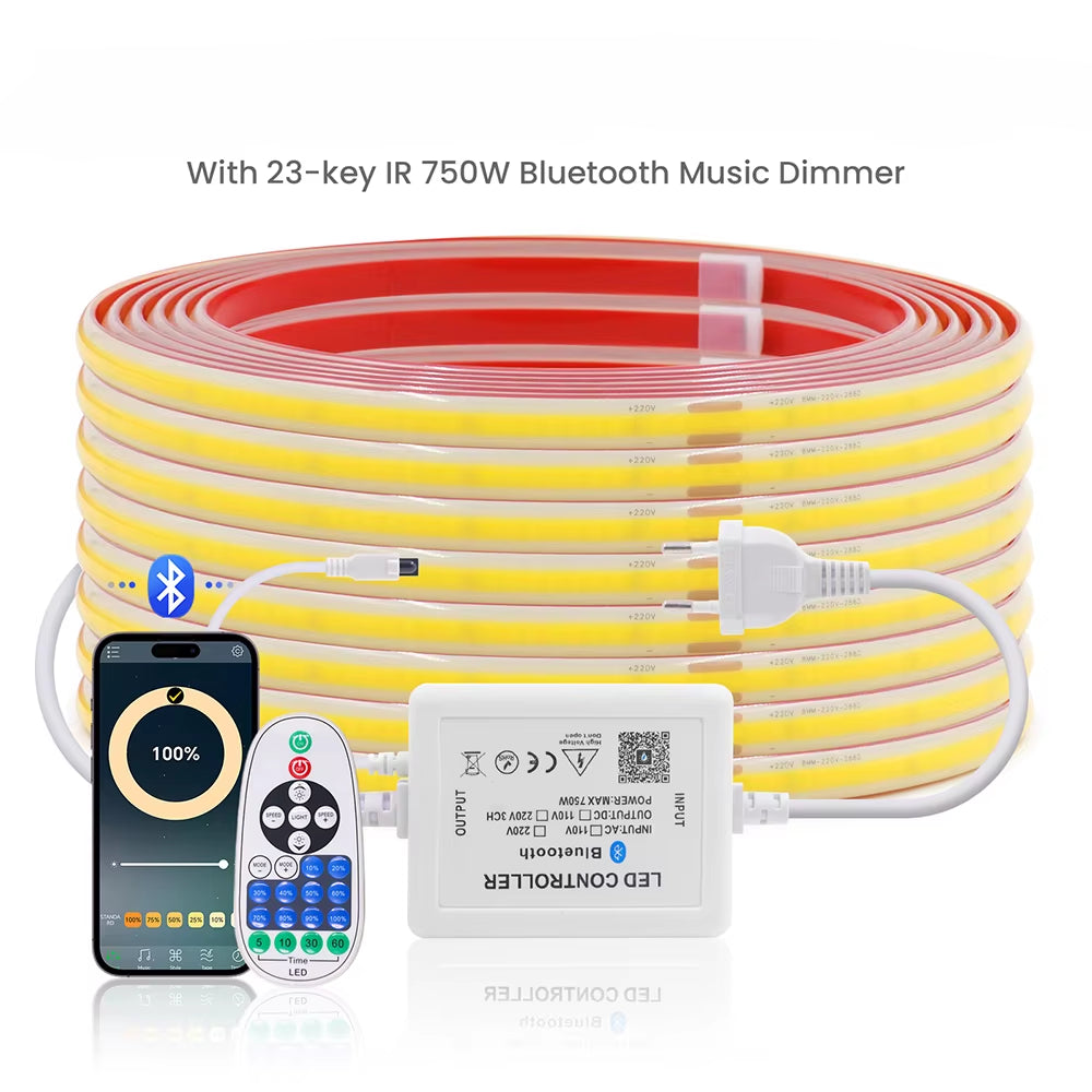 220V Dimmable COB LED Strip Light WIFI Bluetooth Wall Touch 23Key Remote Control Power Kit 288Leds/M Waterproof Flexible Lamp
