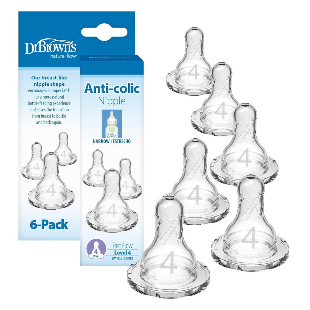 Dr. Brown’S Natural Flow Level 2 Narrow Baby Bottle Silicone Nipple, Medium Flow, 3M+, 100% Silicone Bottle Nipple, 6 Count