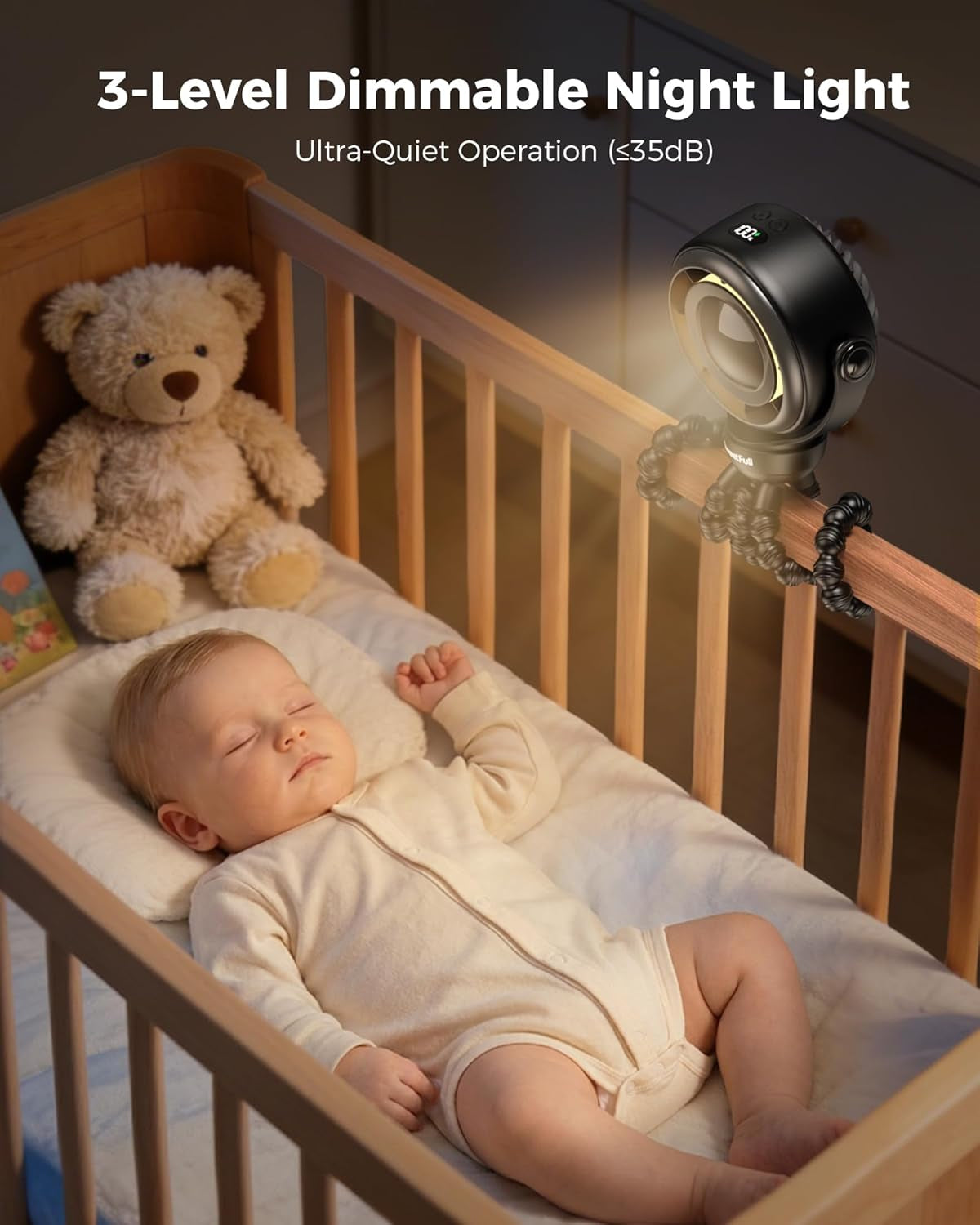 Baby Stroller Fan - 4000Mah Rechargeable 4-Speed Quiet with LED Display & Night Light, Mini Portable 360° Clip on Safe Fan for Car Seat, Crib, Travel - Black
