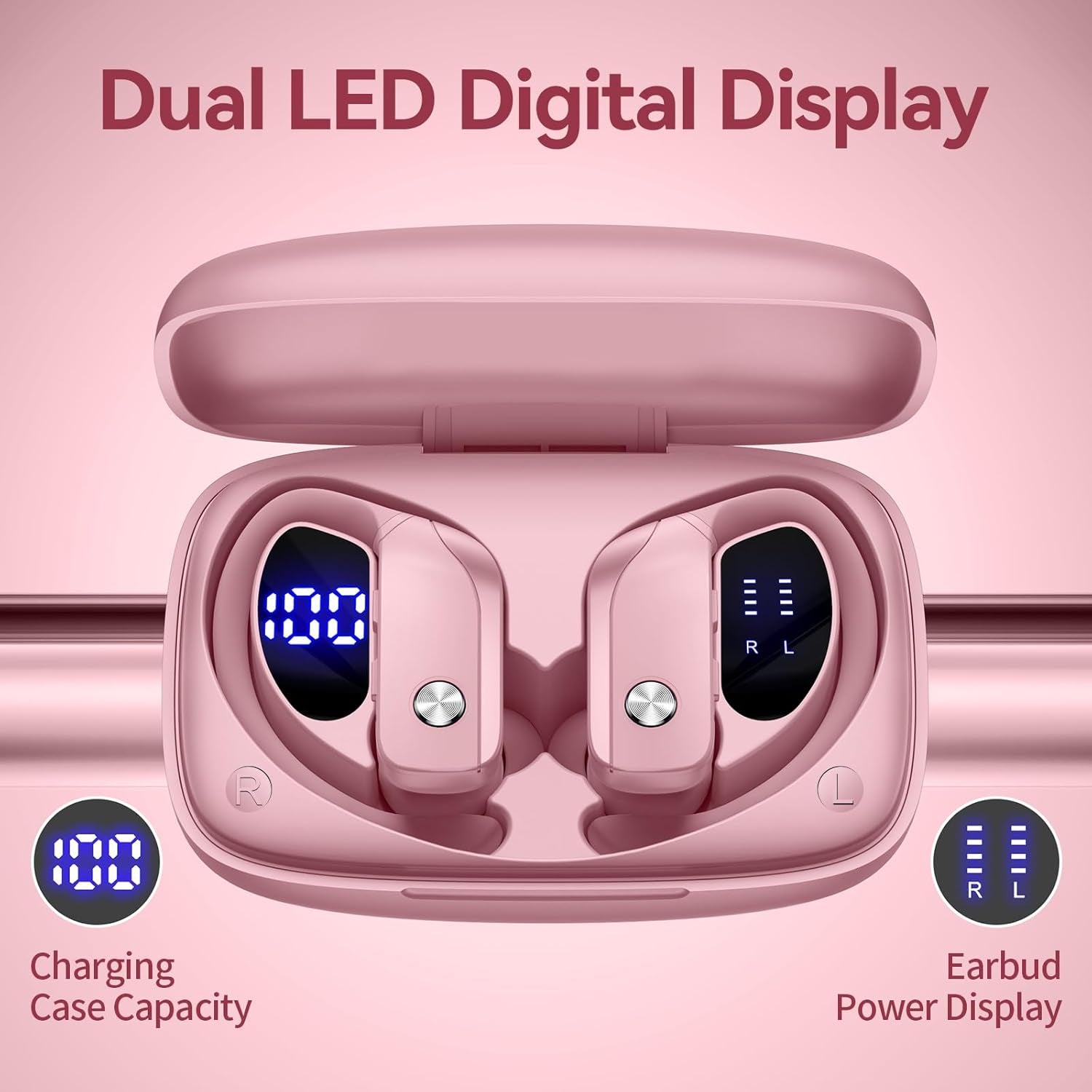 Ear Buds Wireless Earbuds Bluetooth Headphones with 80H Playtime LED Display Case, Over-Ear Hook with Mic, Stereo Sound, Easy Button Controls, Sports Earphones for Running Workout Gym Pink