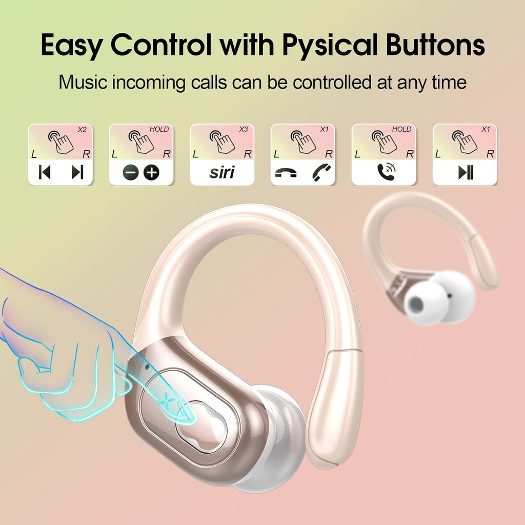 Wireless Earbuds 75Hrs Bluetooth 5.4 Headphone Sport, 2026 Bluetooth Earbuds Stereo Deep Bass over Ear Bud with Earhooks, ENC Noise Cancelling Mic, IPX7 Waterproof Earphone for Gym/Workout, Rose Gold