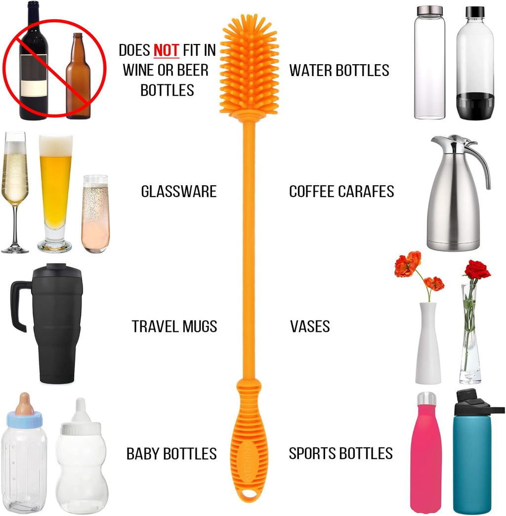 Silicone Bottle Brush with 2 Straw Cleaners - 12.5” Water Bottle Cleaner Brush for Yeti, Hydro Flask, Owala, Stanley, Baby Bottles, Glassware, Vases & Narrow Neck Containers - Orange
