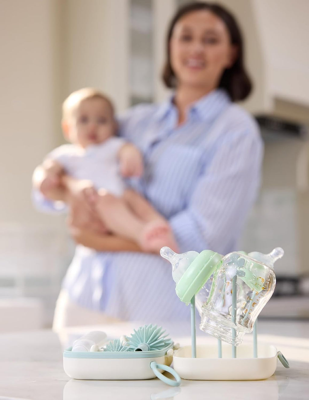 Bottle Brush Set - Baby Bottle Cleaner Kit with Silicone Brush, Nipple Brush, Straw Brush, Soap Dispenser, Drying Rack - 7 in 1 Bottle Cleaning Tool for Home and Travel, Green