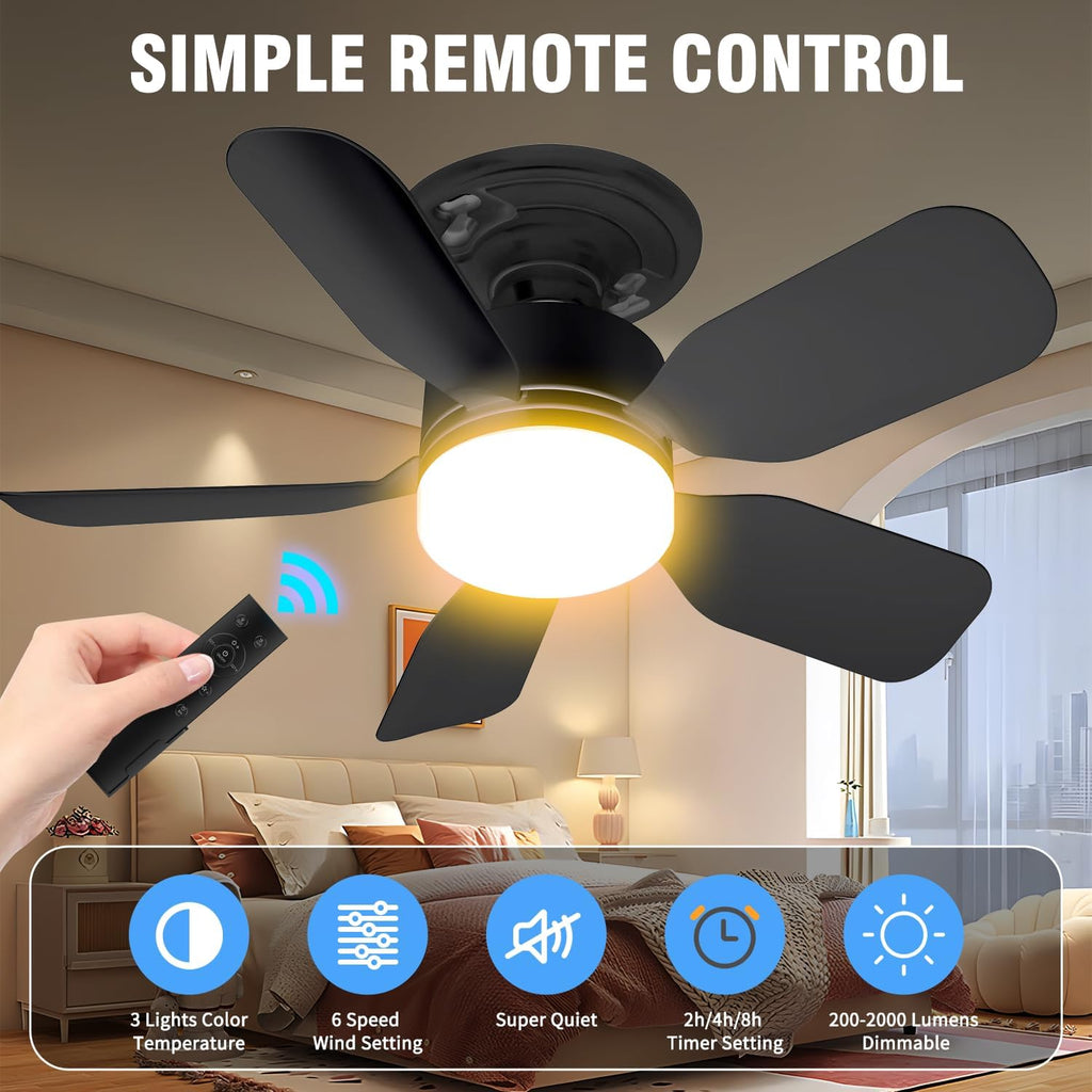 20" Socket Fan Light with Remote, 30W 2000 Lumens, 3 Colors 3000-6000K Small Ceiling Fans with Lights 6 Speed Wind Light Bulb Fan for Bedroom, Living Room, Kitchen, Laundry Room