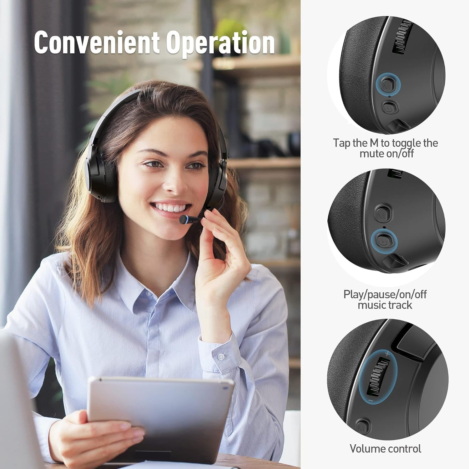 H300 Wireless Headphones with Microphone, over Ear Bluetooth Headsets with USB Dongle & Mute, Environmental Noise Cancelling Retractable Mic for Work Office Call Center Laptop Computer (Black)