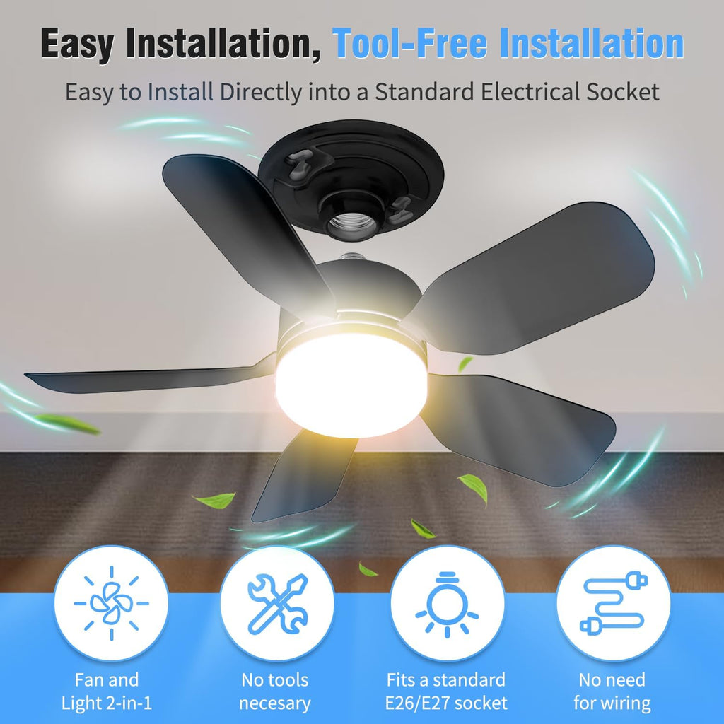 20" Socket Fan Light with Remote, 30W 2000 Lumens, 3 Colors 3000-6000K Small Ceiling Fans with Lights 6 Speed Wind Light Bulb Fan for Bedroom, Living Room, Kitchen, Laundry Room