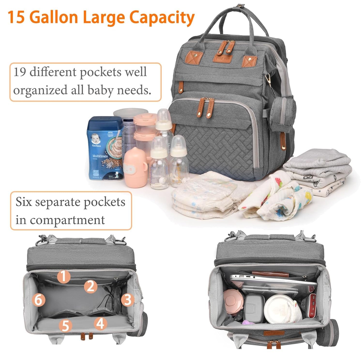 Baby Diaper Bag with Changing Station, Waterproof Diaper Bag Backpack for Moms Dads with USB Charging Port, Baby Shower Gifts, Large Capacity Diaper Backpack, Grey