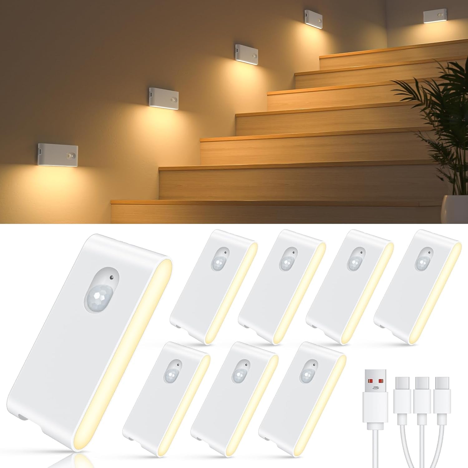 Stair Lights Indoor,Warm White Rechargeable Night Light,Wireless Motion Sensor Night Light,Battery Stick on Lights for Stairway,Hallway,Kitchen,Closet,Cabinet,Bedroom,Kids' Room(4-Pack)