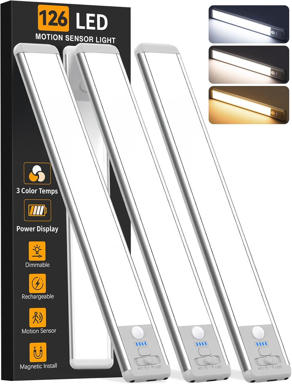 Under Cabinet Lighting Wireless, Rechargeable 10Inch Motion Sensor Light Indoor, 3 Color Closet Light Battery Operated with LED Power Display, Magnetic under Counter Lights for Kitchen, Home (3Pack)