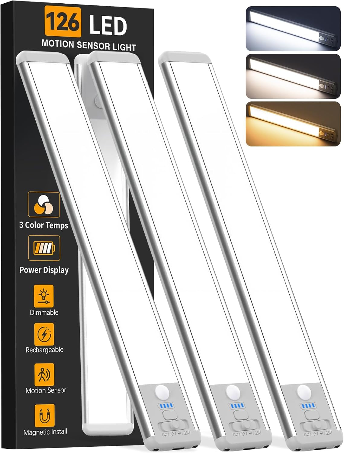 Under Cabinet Lighting Wireless, Rechargeable 10Inch Motion Sensor Light Indoor, 3 Color Closet Light Battery Operated with LED Power Display, Magnetic under Counter Lights for Kitchen, Home (3Pack)