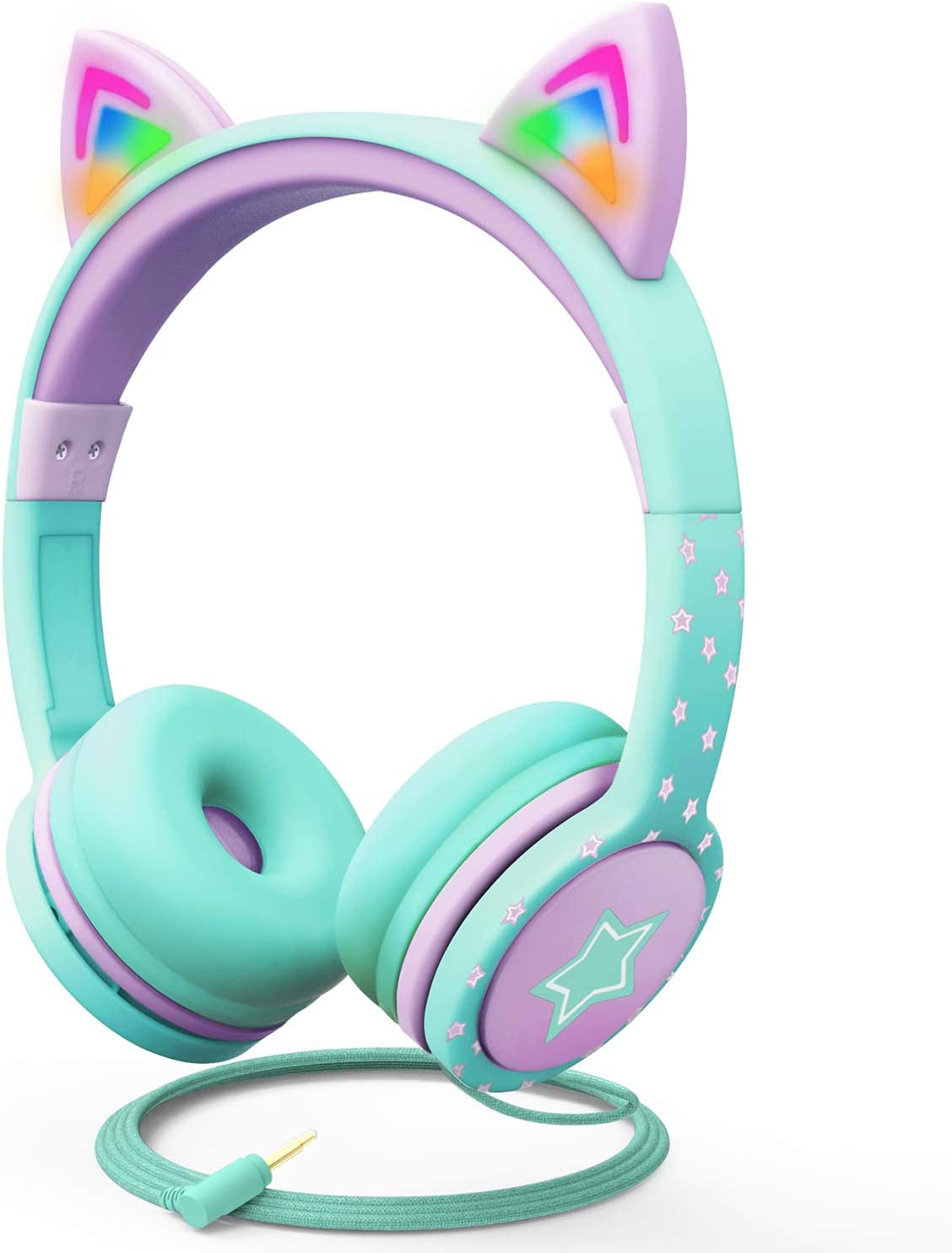 Kids Headphones with LED Cat Ears (85Db Safe Volume Limit), 3.5Mm Soft On-Ear Wired Headphones with Tangle-Free Laced Cables for Ipad/Tablet/School/Travel - Hot Pink/Purple