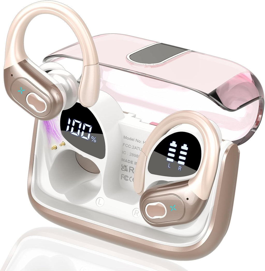 Wireless Earbuds 75Hrs Bluetooth 5.4 Headphone Sport, 2026 Bluetooth Earbuds Stereo Deep Bass over Ear Bud with Earhooks, ENC Noise Cancelling Mic, IPX7 Waterproof Earphone for Gym/Workout, Rose Gold