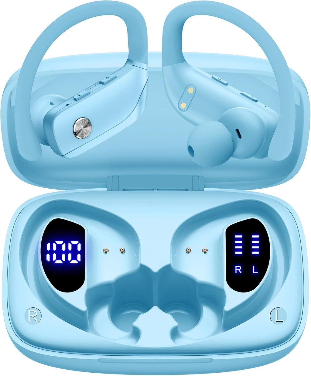 Ear Buds Wireless Earbuds Bluetooth Headphones with 80H Playtime LED Display Case, Over-Ear Hook with Mic, Stereo Sound, Easy Button Controls, Sports Earphones for Running Workout Gym Pink