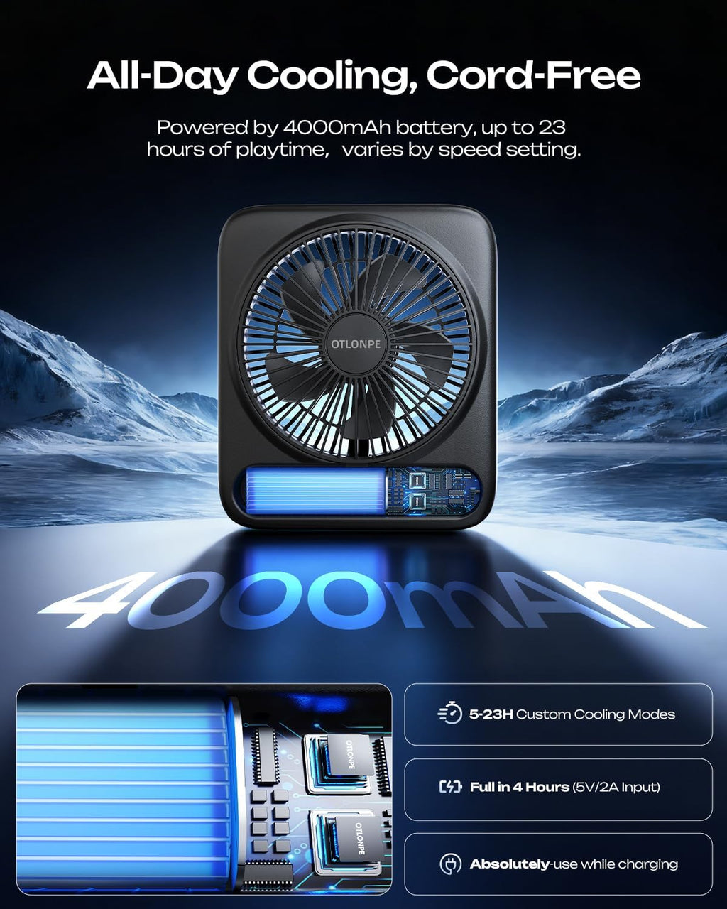 Personal Portable Desk Fan, 4000Mah Small Rechargeable Portable Fan Battery Operated & USB Powered for Travel Sleeping Bedroom Office Home Table, Cordless, Quiet, 4-Speed, 6.5 Inch (Black)