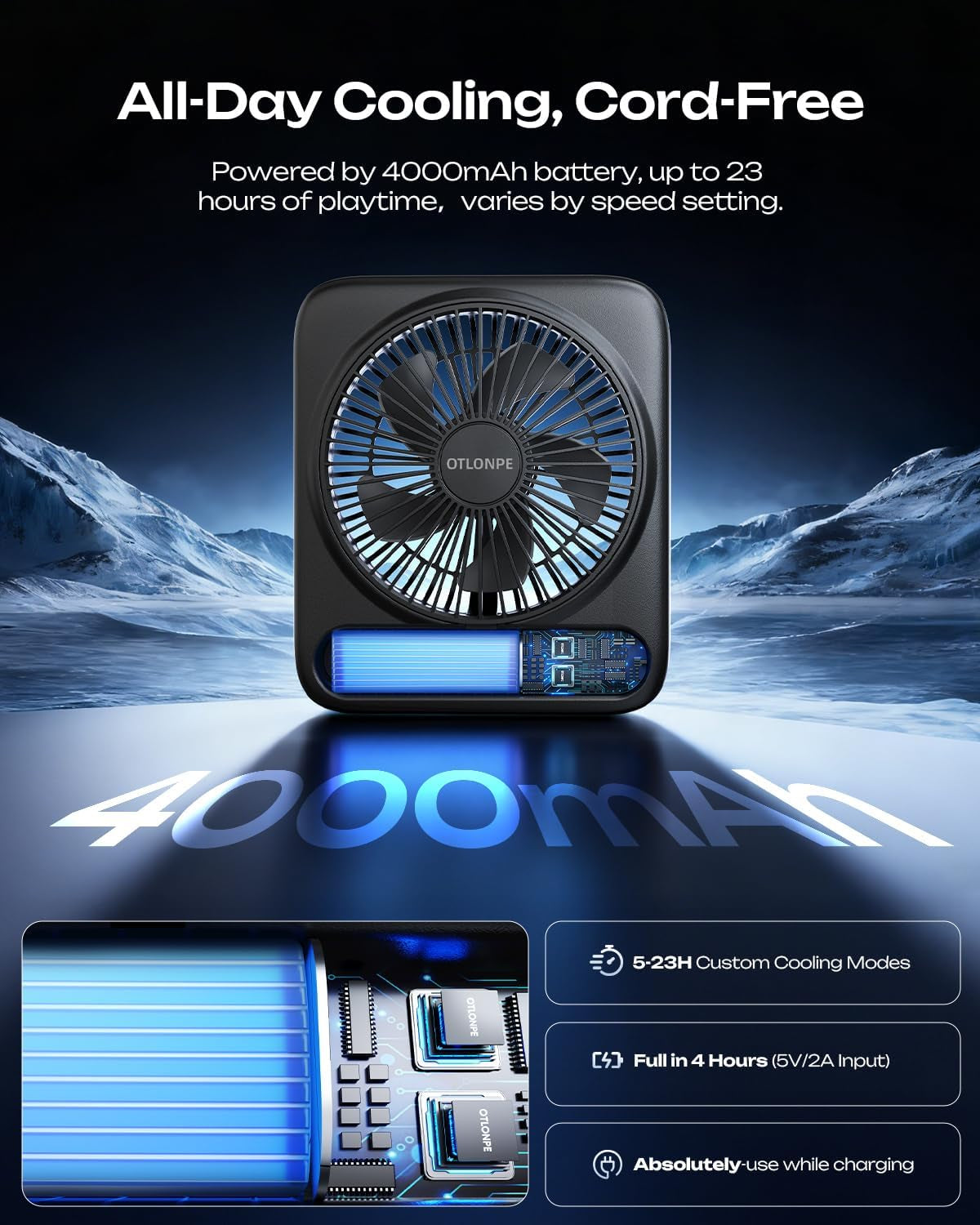 Personal Portable Desk Fan, 4000Mah Small Rechargeable Portable Fan Battery Operated & USB Powered for Travel Sleeping Bedroom Office Home Table, Cordless, Quiet, 4-Speed, 6.5 Inch (Black)