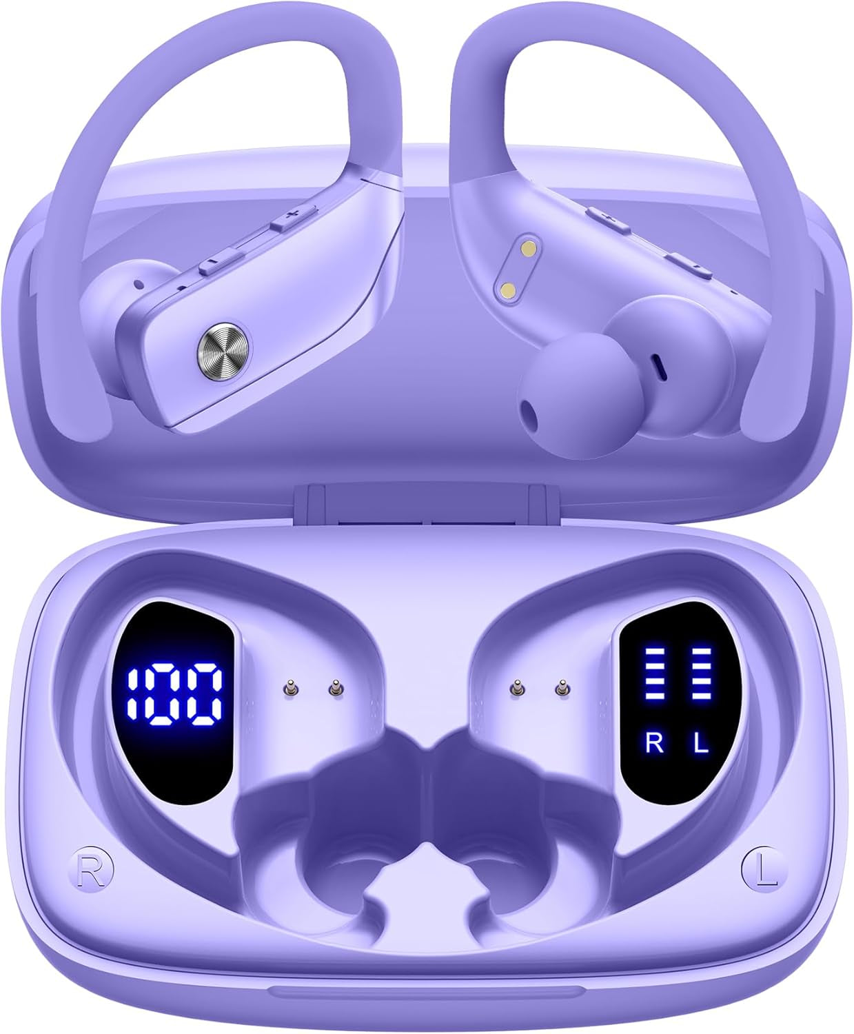 Ear Buds Wireless Earbuds Bluetooth Headphones with 80H Playtime LED Display Case, Over-Ear Hook with Mic, Stereo Sound, Easy Button Controls, Sports Earphones for Running Workout Gym Pink