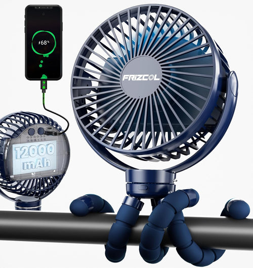 12000Mah Portable Stroller Fan, Use as Power Bank, 65H Battery Operated Fan Flexible Tripod Clip on Fans, Detachable Personal Handheld Baby Fans for Stroller, Car Seat, Desk, Treadmill (Blue)