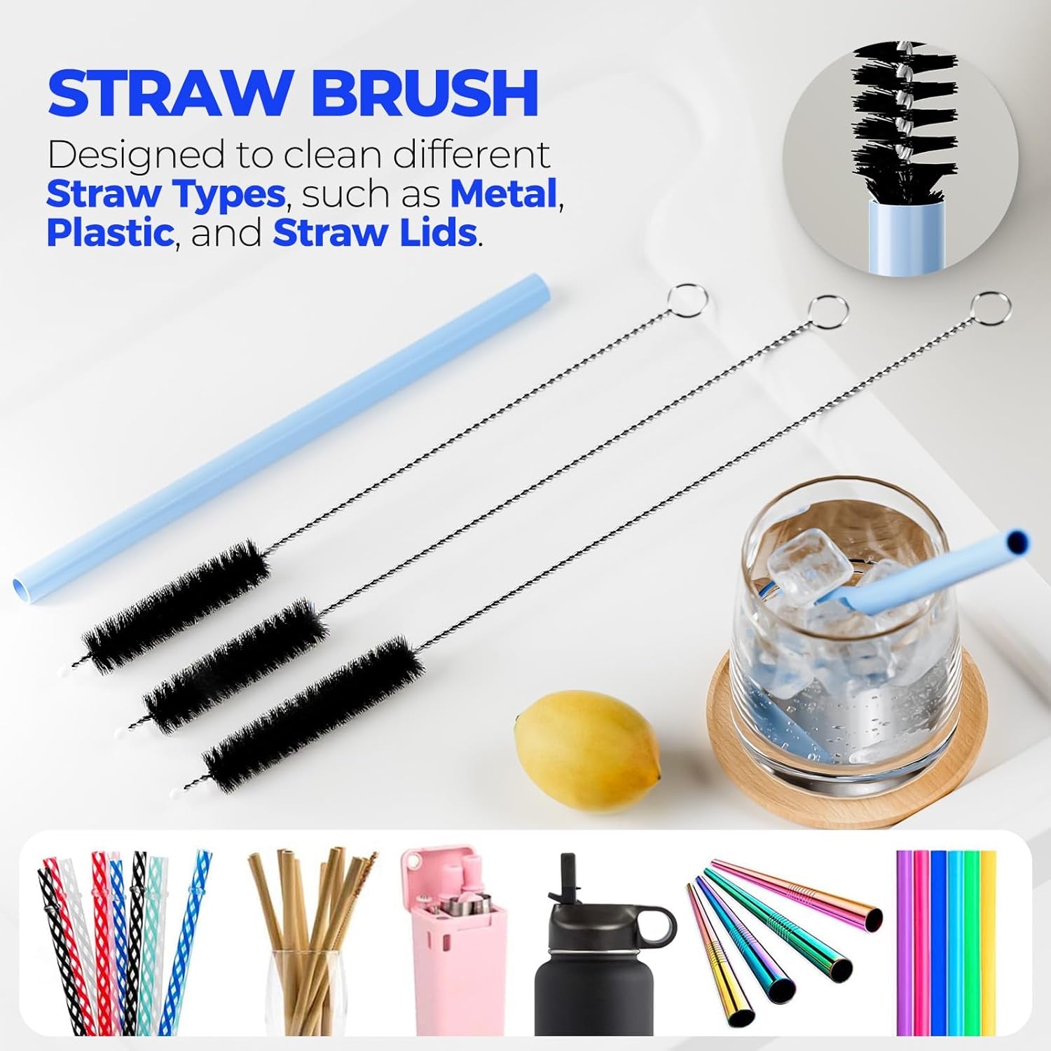 6 Pack Bottle Brush Set, 14" Long Handle Stainless Steel Bottle Cleaner Brush, 3 Straw Brushes, 4-In-1 Bottle Cleaning Brush for Water Bottle, Antistatic Lab Brushes Straws, Black