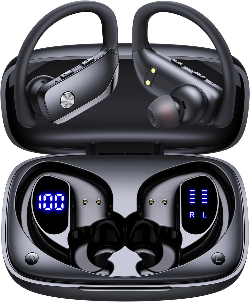 Ear Buds Wireless Earbuds Bluetooth Headphones with 80H Playtime LED Display Case, Over-Ear Hook with Mic, Stereo Sound, Easy Button Controls, Sports Earphones for Running Workout Gym Pink