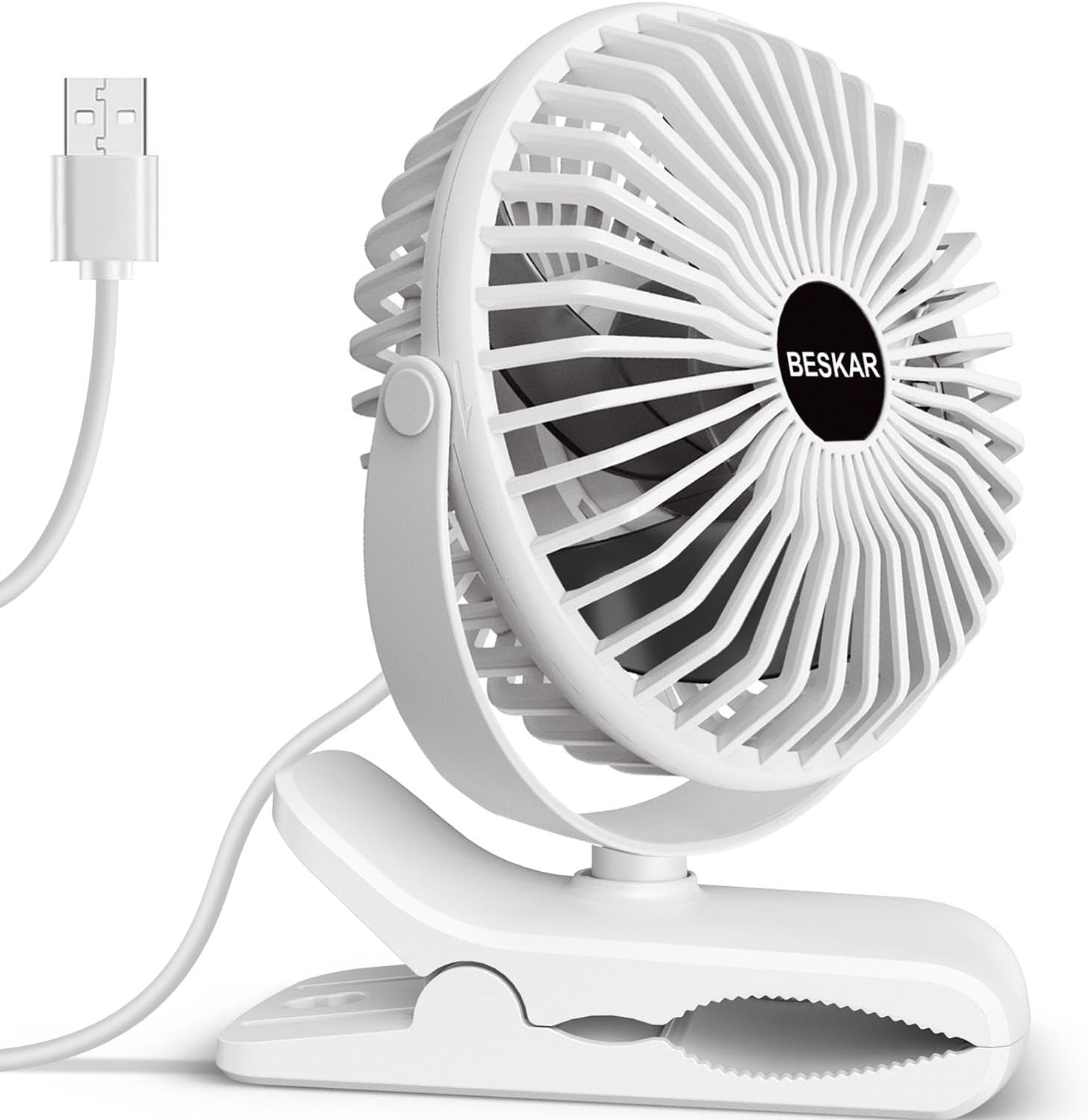 USB Clip on Fan, Portable Small Fan with Cord Powered, 3 Speeds Strong Airflow, with Sturdy Clamp, Quiet Personal Desk Fan